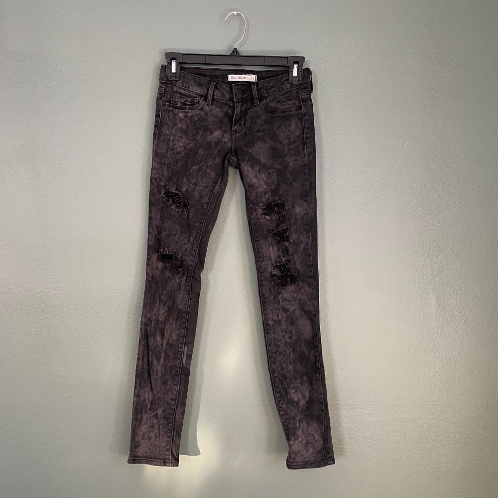Size 0 Bullhead Black Brown Tie Dye Distressed Skinny Jeans Low Rise